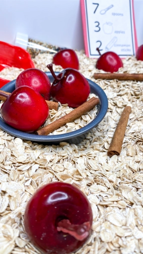 sensory bin with oatmeal, apples, and cinnamon sticks